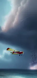 Wallpaper with a plane flying over an ocean under a dramatic sky and distant ship.