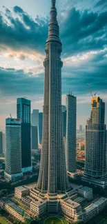 Tall skyscraper under dramatic cloudy sky in urban landscape.