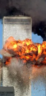 Dramatic explosion engulfing a skyscraper with smoke.