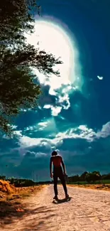 Person standing on a road under a dramatic bright sky.