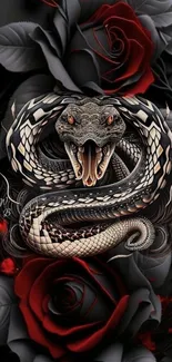 Dramatic snake and rose wallpaper with dark and vivid elements.