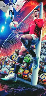 Dynamic soccer goalkeeper wallpaper with vivid colors and energetic design.