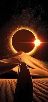 Silhouetted figure in desert during solar eclipse.