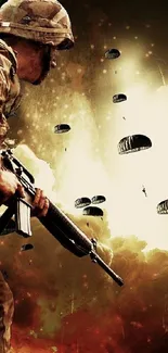 Dramatic artwork of a soldier with parachutes in a dramatic sky.