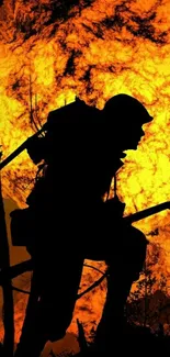 Silhouette of a soldier against a fiery explosion background.