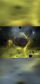 Mobile wallpaper of asteroid in glowing yellow cosmic scene.