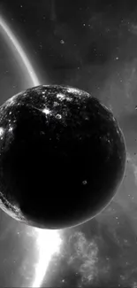 Black and white cosmic planet mobile wallpaper.