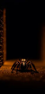 Dramatic close-up of a spider on a dark, warmly lit background for mobile wallpaper.