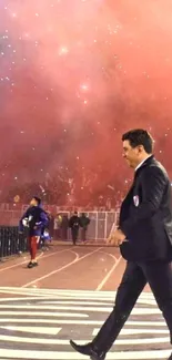 Man walking in stadium with red smoke.