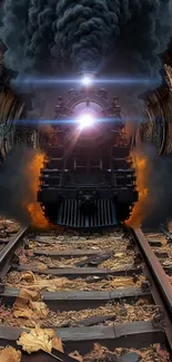 Steam train racing through a tunnel with glowing headlights.