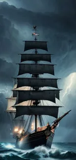 Majestic ship in stormy seas with dramatic dark sky.