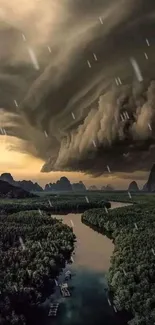 Dramatic storm clouds over lush green landscape with winding river.