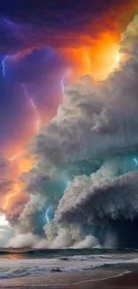 Dramatic storm clouds with vibrant lightning over the ocean.