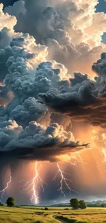 Dramatic storm clouds with lightning in a scenic landscape.