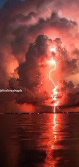 Dramatic lightning storm over ocean with red-orange clouds.