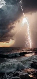 Lightning storm over ocean with dramatic clouds and waves.