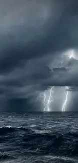 Dramatic ocean view with lightning storm and dark clouds.