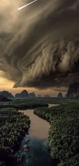 Dramatic storm clouds over a lush green landscape.