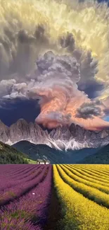 Dramatic storm over fields and mountains, vibrant colors.