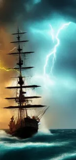 Ship sails through a dramatic stormy sea with lightning and ocean waves.