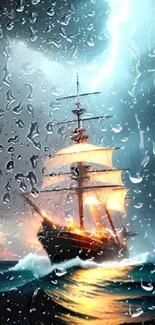 Sailing ship in a storm with dramatic lightning over the ocean.