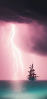 Ship braving a storm with vibrant pink lightning over the sea.