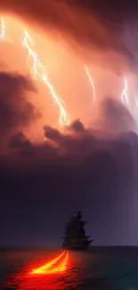 Dramatic ship sailing in storm with lightning strikes overhead.