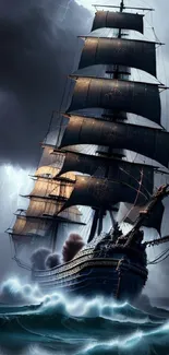 A majestic sailing ship braving a lightning storm at sea.