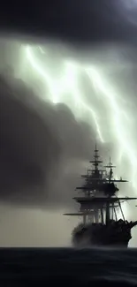 Ship sailing in storm with dramatic lightning.