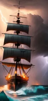 Majestic ship battles stormy seas with dramatic lightning in the background.