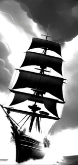 Monochrome wallpaper of a sailing ship in a dramatic storm.