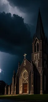 A historic church with lightning in a stormy night sky.