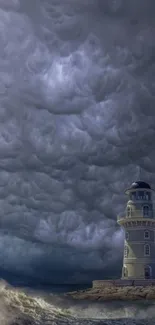 Stormy clouds hover over a lone lighthouse by the sea.