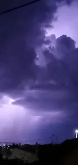 Stormy night sky with purple lightning and dark clouds over rooftops.