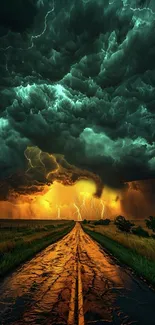 Dramatic stormy sky with lightning over a road.