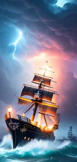 Ship braves stormy sea under dramatic lightning.