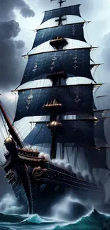 Majestic ship battling stormy seas under a dark, dramatic sky.