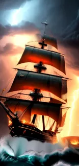 Dramatic ship braving stormy seas with lightning and fiery sky.