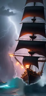 Majestic sailing ship amidst stormy seas and lightning bolts.