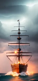 Historic ship in stormy sea with dramatic sky and lightning.