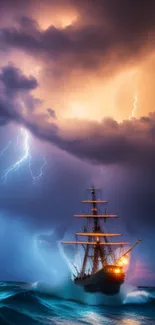 Ship battling storm in dramatic sea wallpaper.