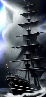 Dramatic ship sailing through a storm with dark clouds and lightning.