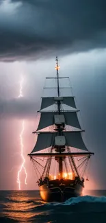 Dramatic ship sailing through stormy sea with lightning striking in the background.