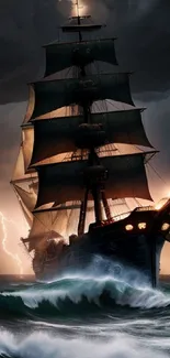 Majestic ship sailing through a stormy ocean with lightning in the background.