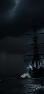 Dark silhouette of a ship in a stormy ocean with lightning.