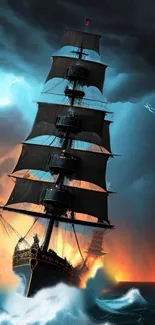 Dramatic ship sailing through stormy seas with dark clouds and fiery horizon.