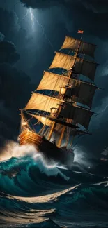 Tall ship battles stormy seas with lightning in dark dramatic scene.