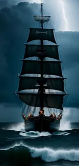 Majestic ship navigating stormy seas under lightning.