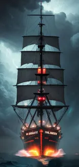 Majestic ship navigating through a stormy sea with dark gray clouds overhead.