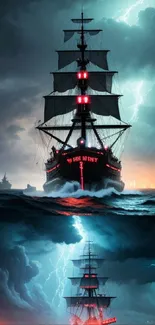 Dramatic ship sailing through storm with lightning.